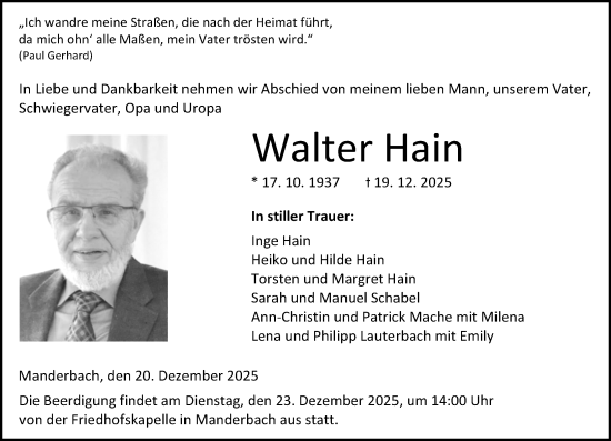 Traueranzeige von Walter Hain von Dill Block