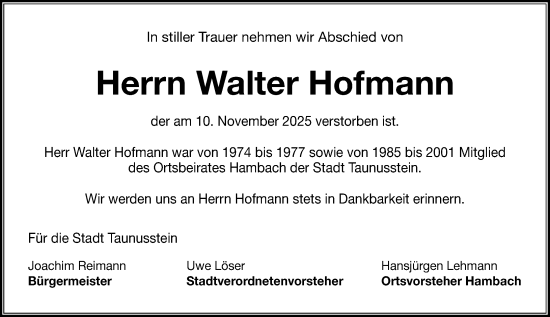 Traueranzeige von Walter Hofmann von Idsteiner Land/Untertaunus