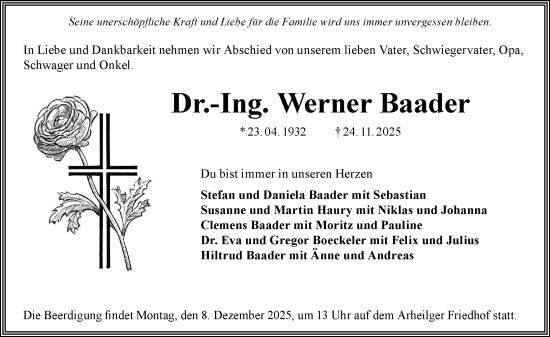 Traueranzeige von Werner Baader von Darmstädter Echo