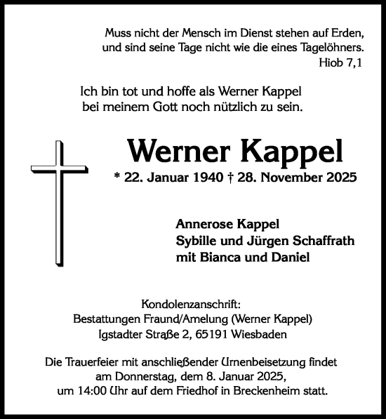 Traueranzeige von Werner Kappel von Wiesbadener Kurier
