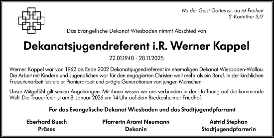 Traueranzeige von Werner Kappel von Wiesbadener Kurier