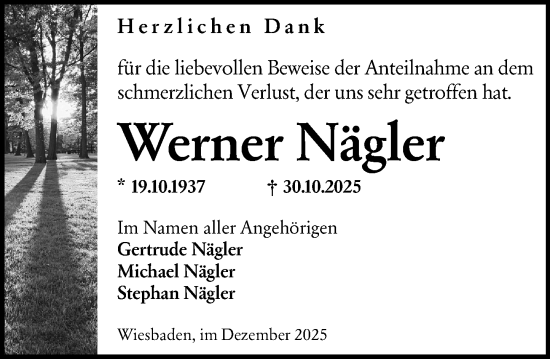 Traueranzeige von Werner Nägler von Wiesbadener Kurier