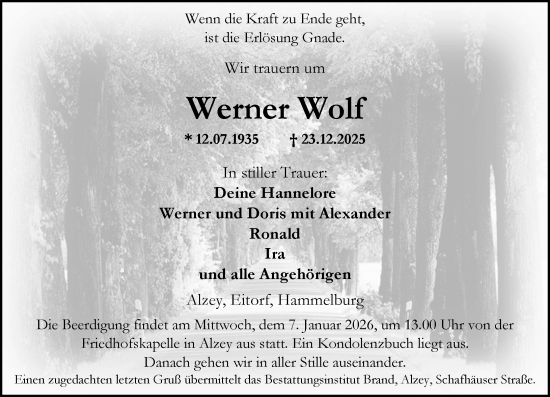 Traueranzeige von Werner Wolf von Allgemeine Zeitung Alzey