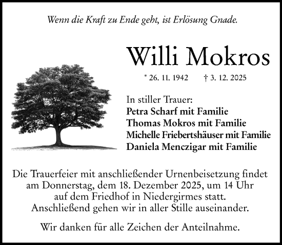 Traueranzeige von Willi Mokros von Wetzlarer Neue Zeitung