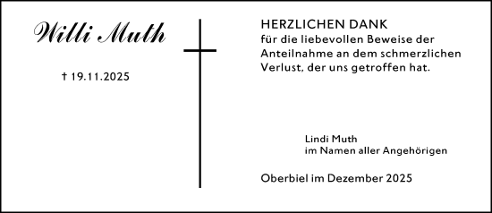 Traueranzeige von Willi Muth von Wetzlarer Neue Zeitung