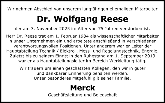 Traueranzeige von Wolfgang Reese von Darmstädter Echo
