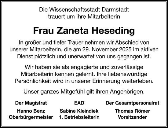 Traueranzeige von Zaneta Heseding von Darmstädter Echo