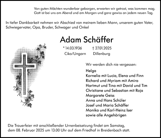 Traueranzeige von Adam Schäffer von Hinterländer Anzeiger