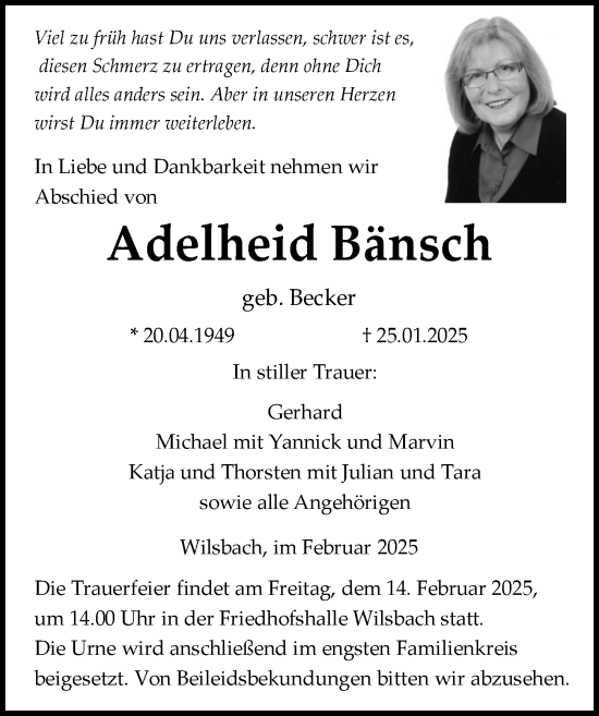 Traueranzeige von Adelheid Bänsch von Wetzlarer Neue Zeitung