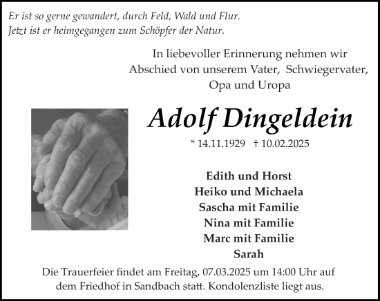 Traueranzeige von Adolf Dingeldein von Odenwälder Echo