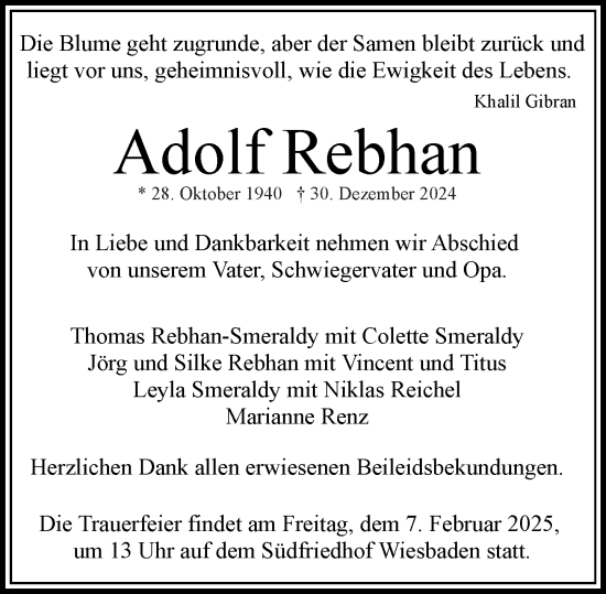 Traueranzeige von Adolf Rebhan von Wiesbadener Kurier
