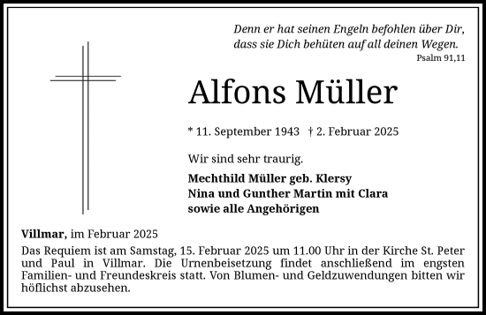 Traueranzeige von Alfons Müller von Nassauische Neue Presse