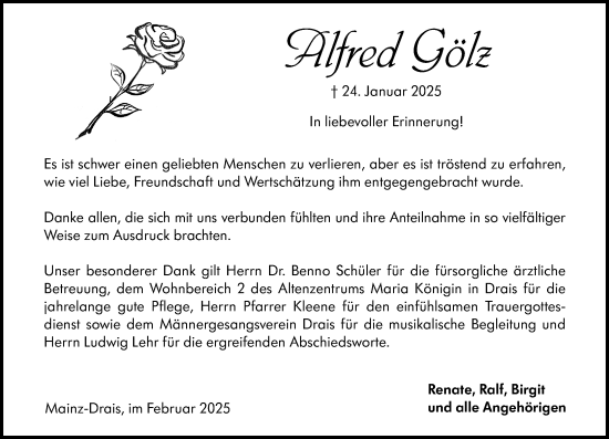 Traueranzeige von Alfred Gölz von Allgemeine Zeitung Mainz