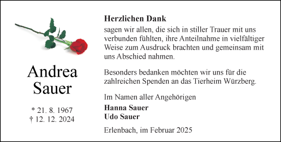 Traueranzeige von Andrea Sauer von Odenwälder Echo