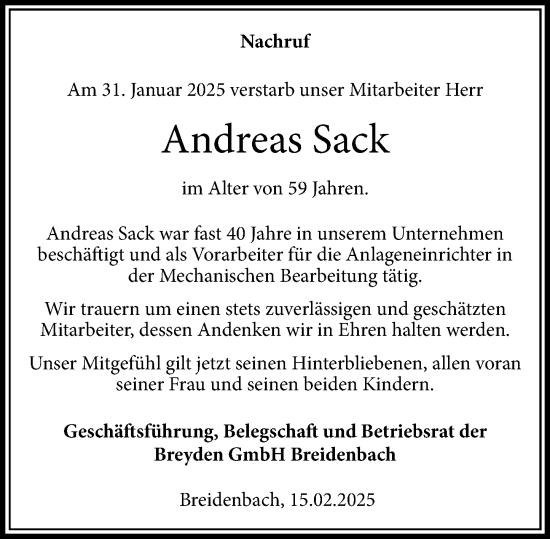 Traueranzeige von Andreas Sack von Hinterländer Anzeiger