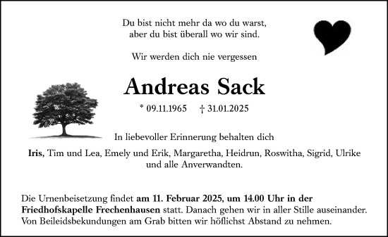 Traueranzeige von Andreas Sack von Hinterländer Anzeiger