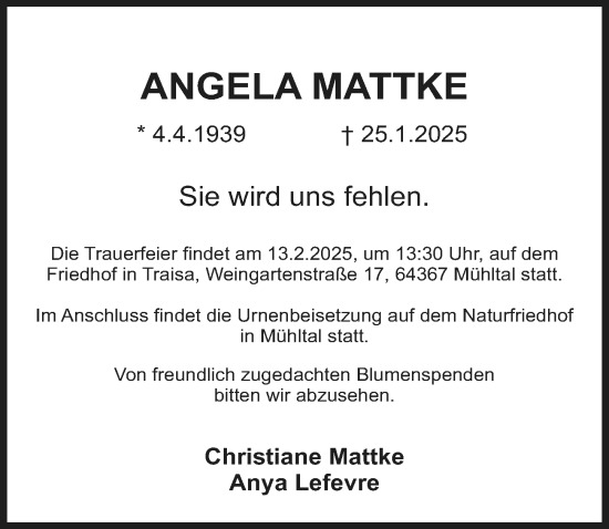 Traueranzeige von Angela Mattke von Rüsselsheimer Echo