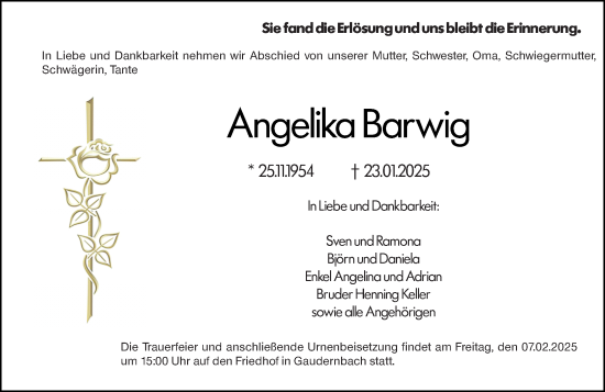 Traueranzeige von Angelika Barwig von Weilburger Tageblatt