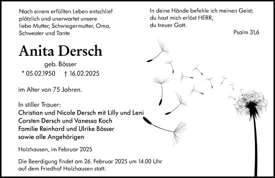 Traueranzeige von Anita Dersch von Hinterländer Anzeiger
