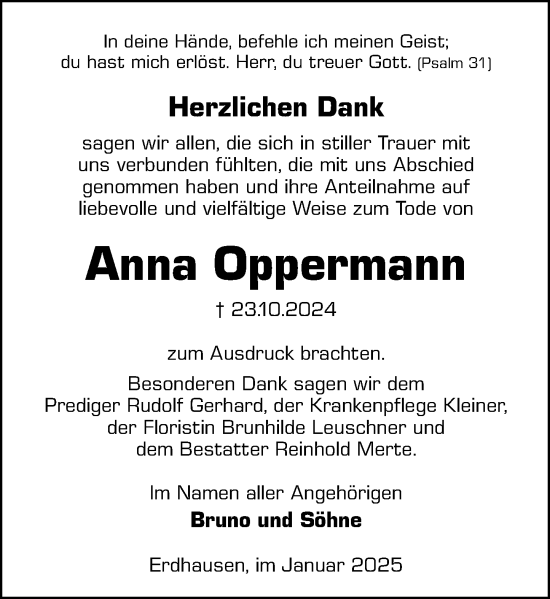 Traueranzeige von Anna Oppermann von Hinterländer Anzeiger