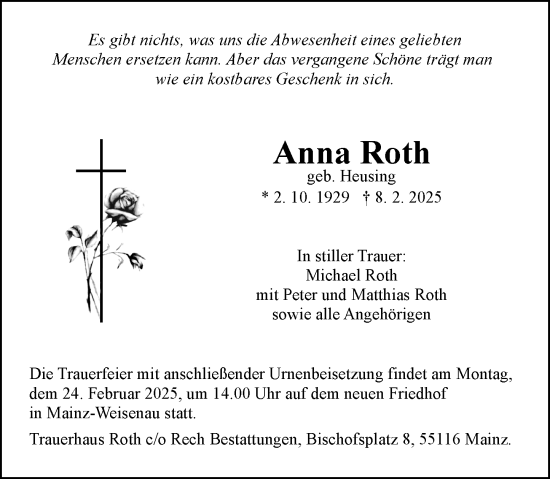 Traueranzeige von Anna Roth von Allgemeine Zeitung Mainz