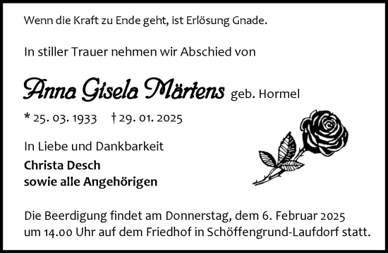 Traueranzeige von Anna Gisela Märtens von Wetzlarer Neue Zeitung