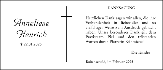 Traueranzeige von Anneliese Henrich von Dill Block