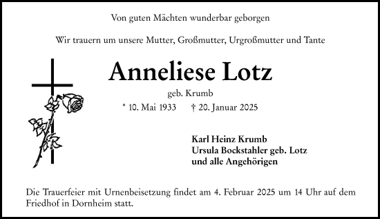 Traueranzeige von Anneliese Lotz von Groß-Gerauer Echo