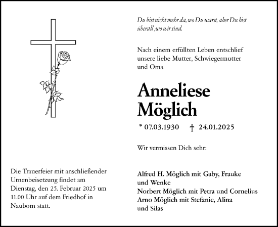 Traueranzeige von Anneliese Möglich von Wetzlarer Neue Zeitung