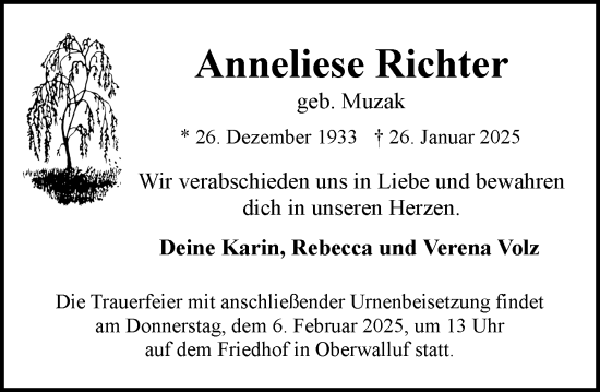 Traueranzeige von Anneliese Richter von Wiesbadener Kurier