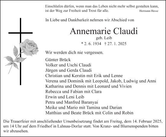 Traueranzeige von Annemarie Claudi von Wetzlarer Neue Zeitung