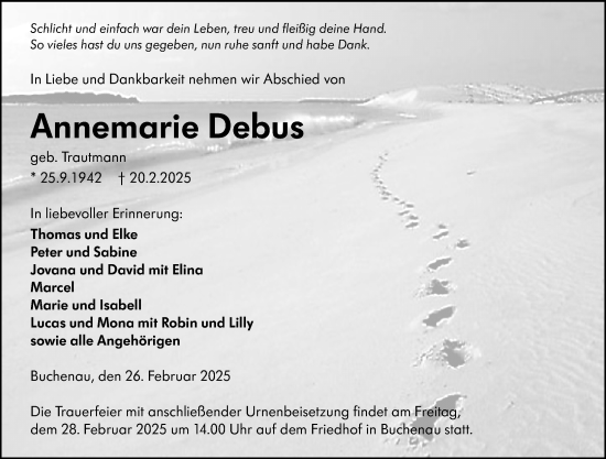 Traueranzeige von Annemarie Debus von Hinterländer Anzeiger