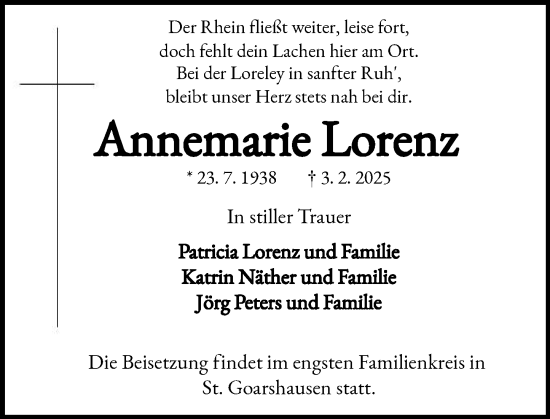 Traueranzeige von Annemarie Lorenz von Wormser Zeitung