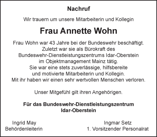 Traueranzeige von Annette Wohn von Allgemeine Zeitung Mainz