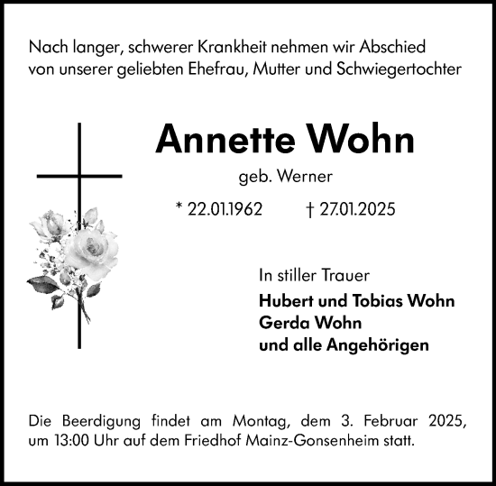 Traueranzeige von Annette Wohn von Allgemeine Zeitung Mainz