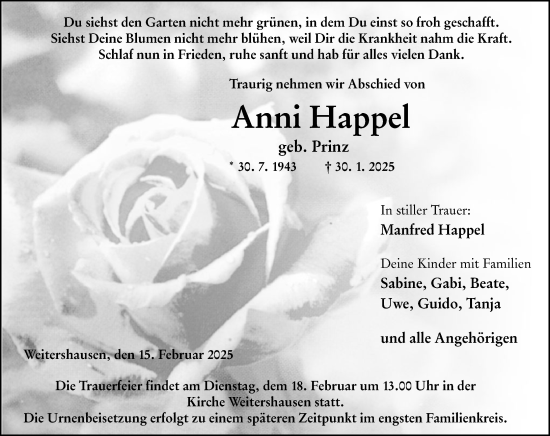 Traueranzeige von Anni Happel von Hinterländer Anzeiger