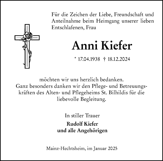 Traueranzeige von Anni Kiefer von Allgemeine Zeitung Mainz