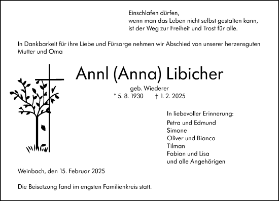 Traueranzeige von Annl Libicher von Weilburger Tageblatt
