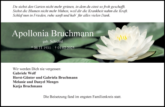 Traueranzeige von Apollonia Bruchmann von Allgemeine Zeitung Mainz