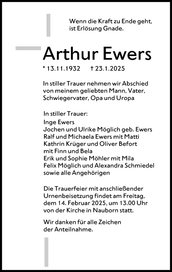 Traueranzeige von Arthur Ewers von Wetzlarer Neue Zeitung