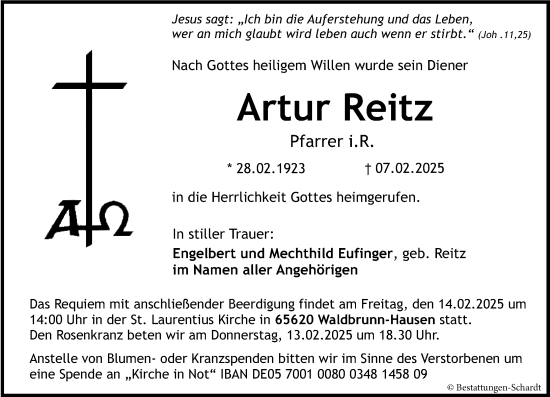 Traueranzeige von Artur Reitz von Nassauische Neue Presse