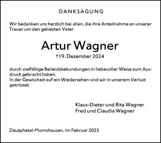 Traueranzeige von Artur Wagner von Hinterländer Anzeiger