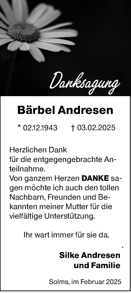Traueranzeige von Bärbel Andresen von Wetzlarer Neue Zeitung