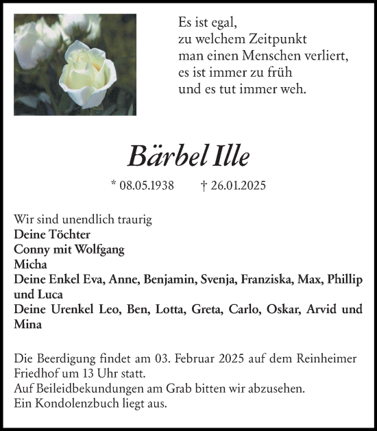 Traueranzeige von Bärbel Ille von Darmstädter Echo