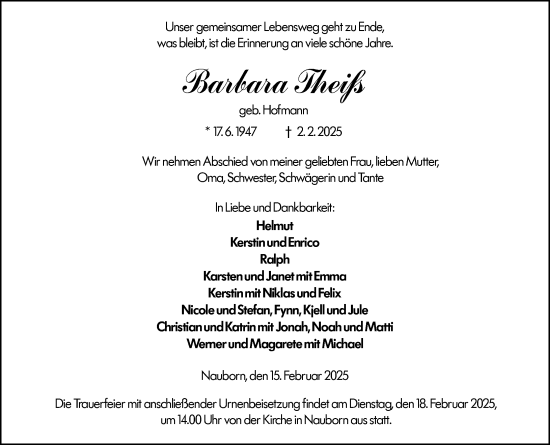 Traueranzeige von Barbara Theiß von Wetzlarer Neue Zeitung