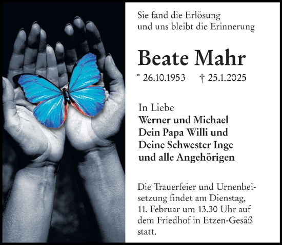 Traueranzeige von Beate Mahr von Odenwälder Echo