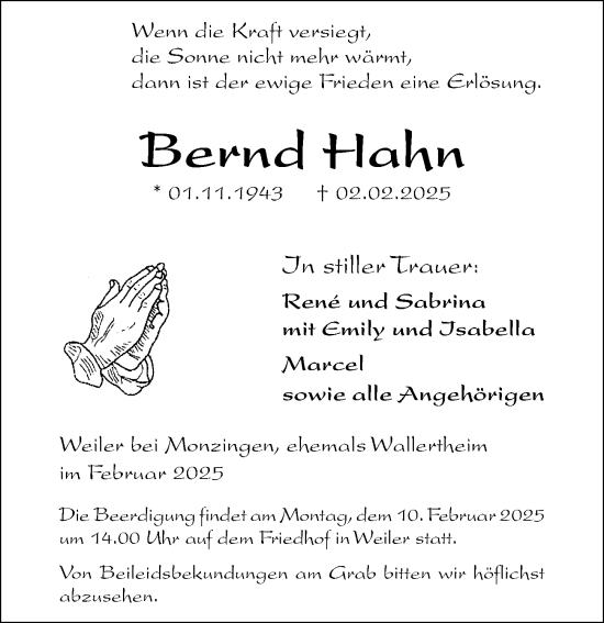 Traueranzeige von Bernd Hahn von Allgemeine Zeitung Alzey