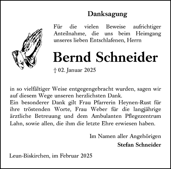 Traueranzeige von Bernd Schneider von Wetzlarer Neue Zeitung