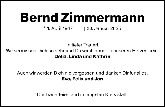 Traueranzeige von Bernd Zimmermann von Wiesbadener Kurier