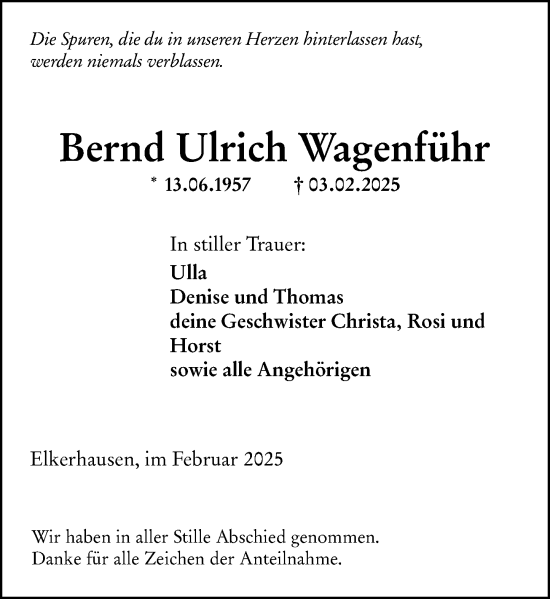 Traueranzeige von Bernd Ulrich Wagenführ von Weilburger Tageblatt
